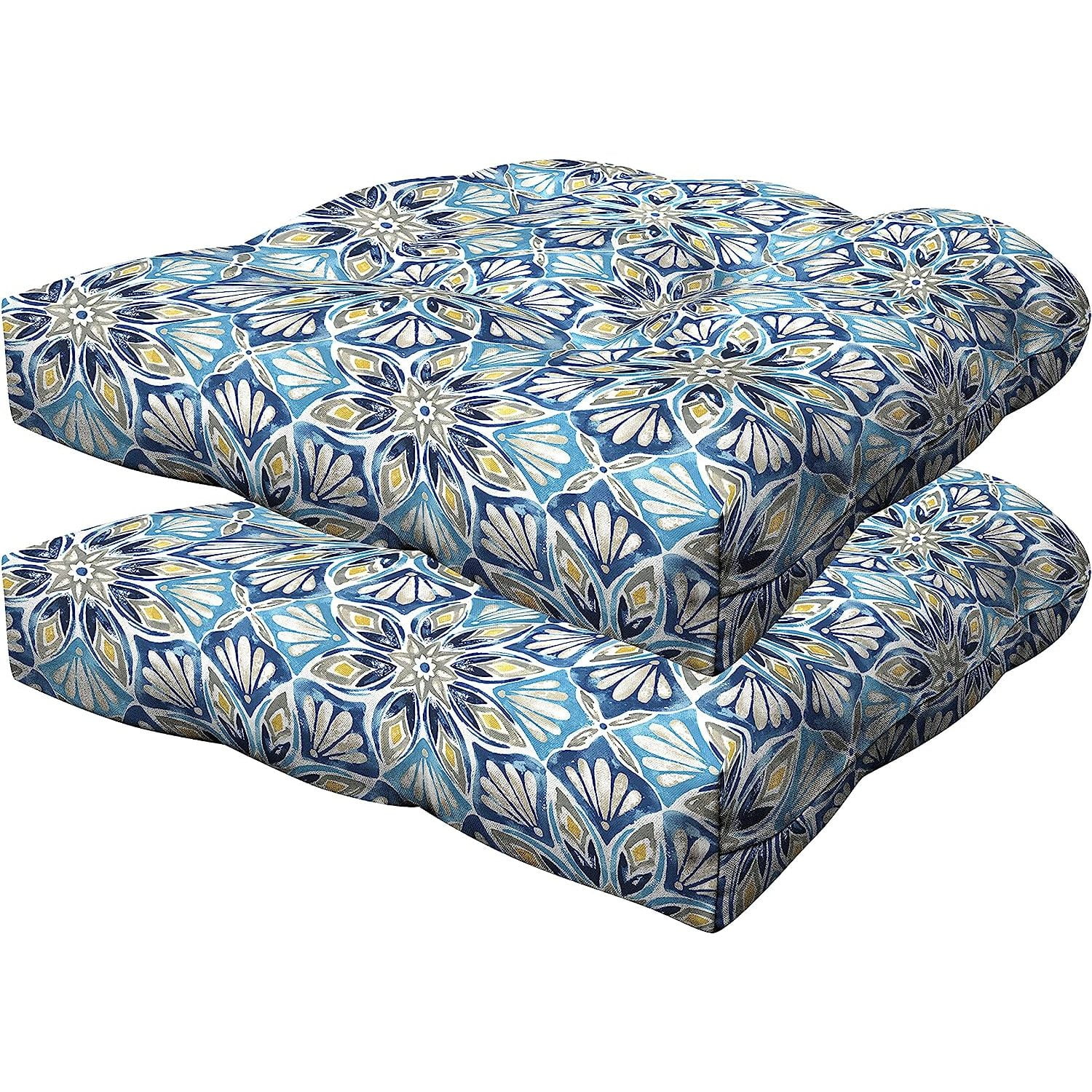 UlaREYoy Indoor/Outdoor Beryl Pacific Blue Contoured Tufted Seat Cushion Recycled Fiberfill