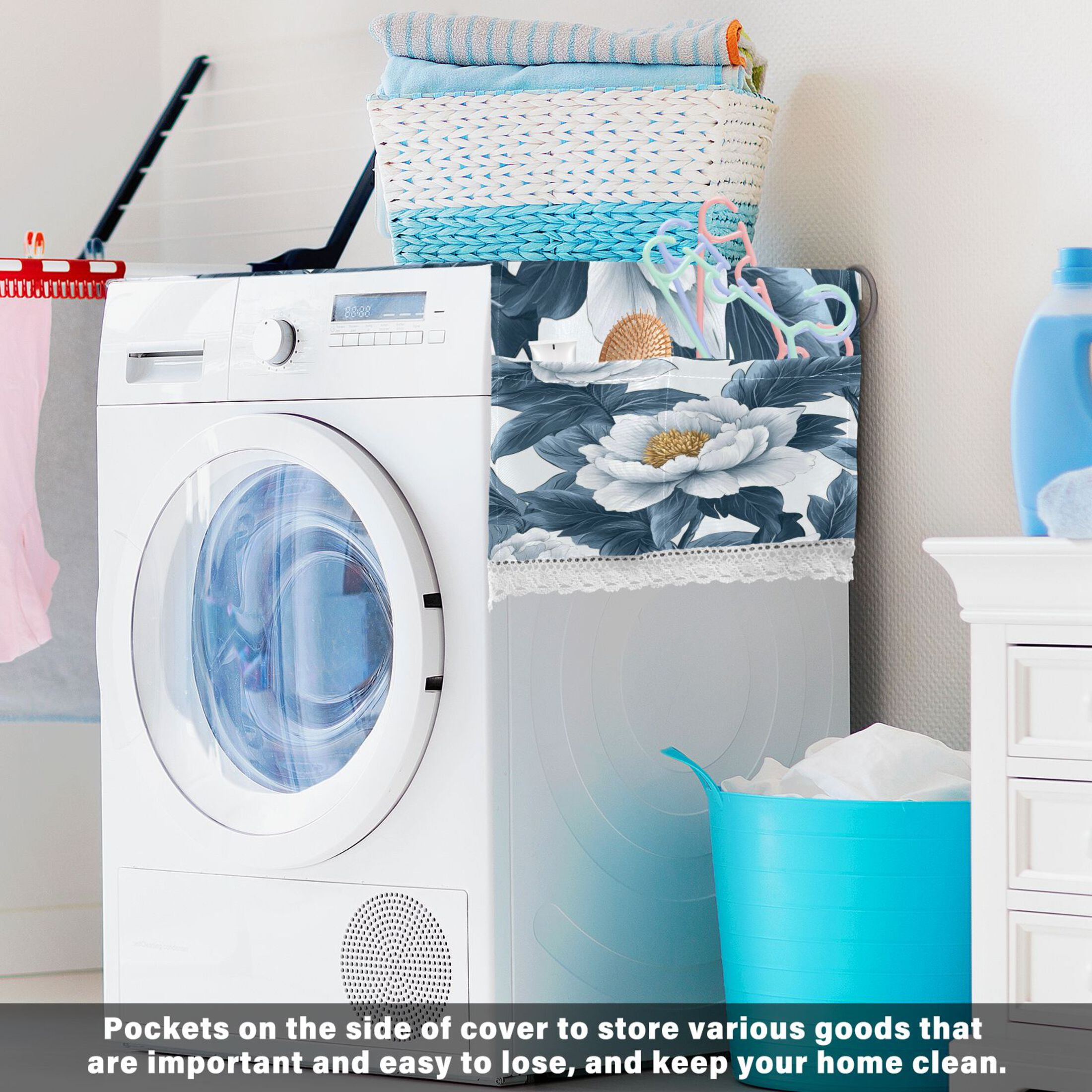 White PeonyWasher and Dryer Covers Dust-Proof and Oil Resistant Fridge Cover with 4 Storage Pockets Washing Machine Top Cover for Laundry Kitchen Home 51.2 x 22 In