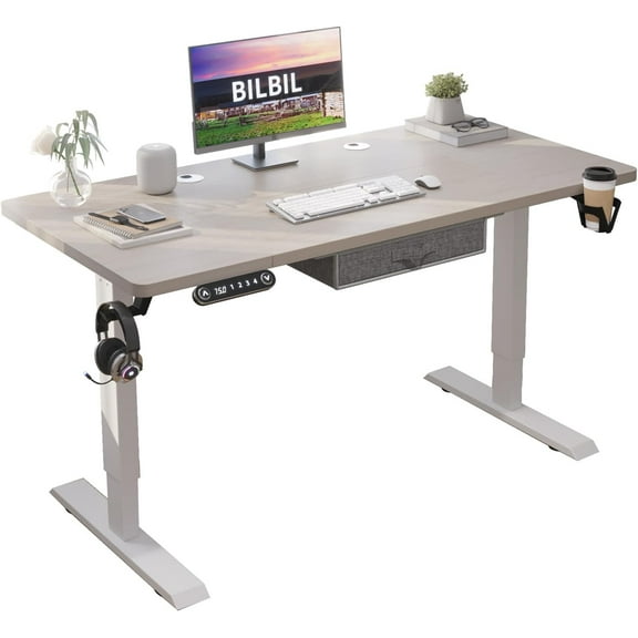 bilbil 55x30 Inches Electric Standing Desk with Drawer, Height Adjustable Sit Stand Up Desk with 4 Splice Boards, Home Office Desk Computer Workstation with Dark Walnut Top/Black Frame