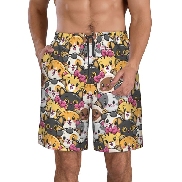 Balery Cute Cat Traje de Baño Estilo Hawaiano para Hombre, Shorts de Secado Rápido con Bolsillos-Small
