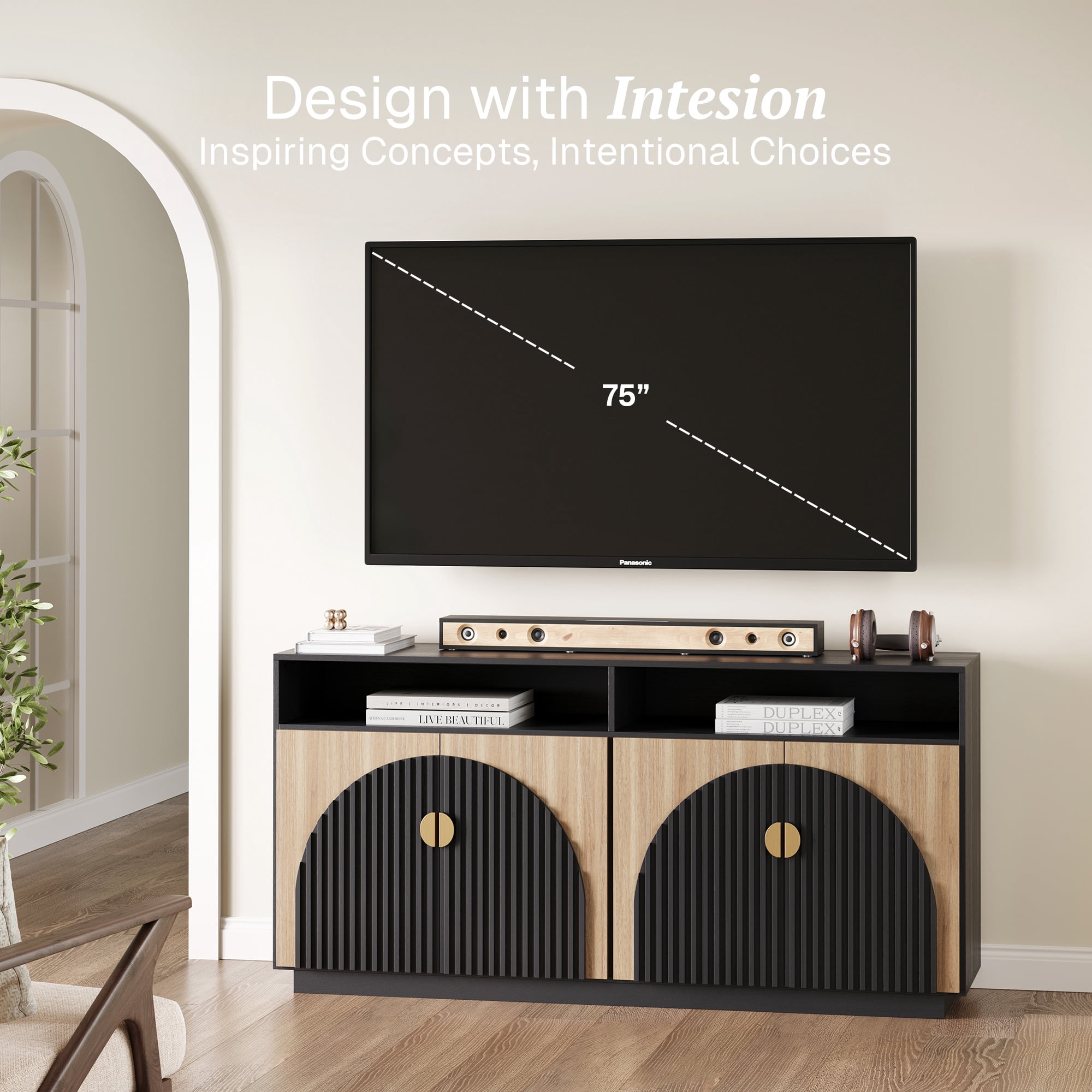 BELLEZE 65 Inch Fluted TV Stand, Mid Century Modern Entertainment Center with Storage Cabinets & Open Shelves, Media Console TV Cabinet with Adjustable Shelves For Living Room, Camel