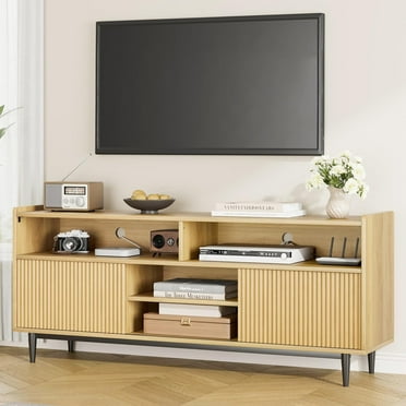 Fluted TV Stand for 75 Inch, Boho Entertainment Center with Sliding Doors, Wood Media Cabinet Furniture with Adjustable Shelves for Living Room Bedroom, Natural Oak