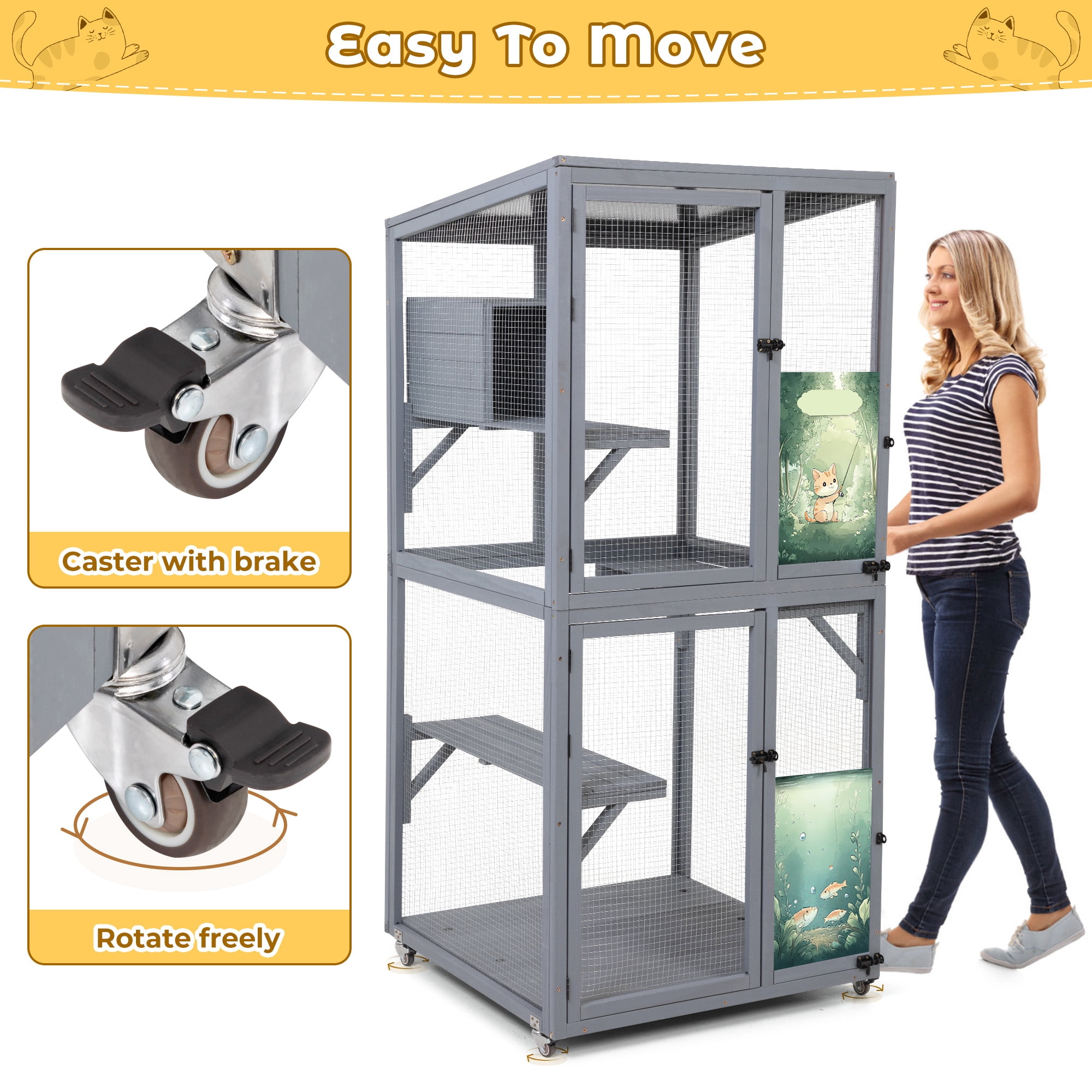 COZIWOW Catio Outdoor Cat Enclosure Window Access, Outdoor Cat House with Wheels, Cage for Cats Indoor