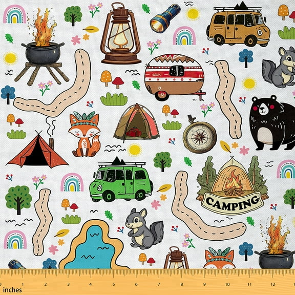 jejeloiu Cartoon Rv Fabric by the Yard 1 Yard,Cute Fox Bear Home Decor Fabric by the Yard,Happy Camping Sewing Fabric For Teens,Microfiber Bedroom Decor