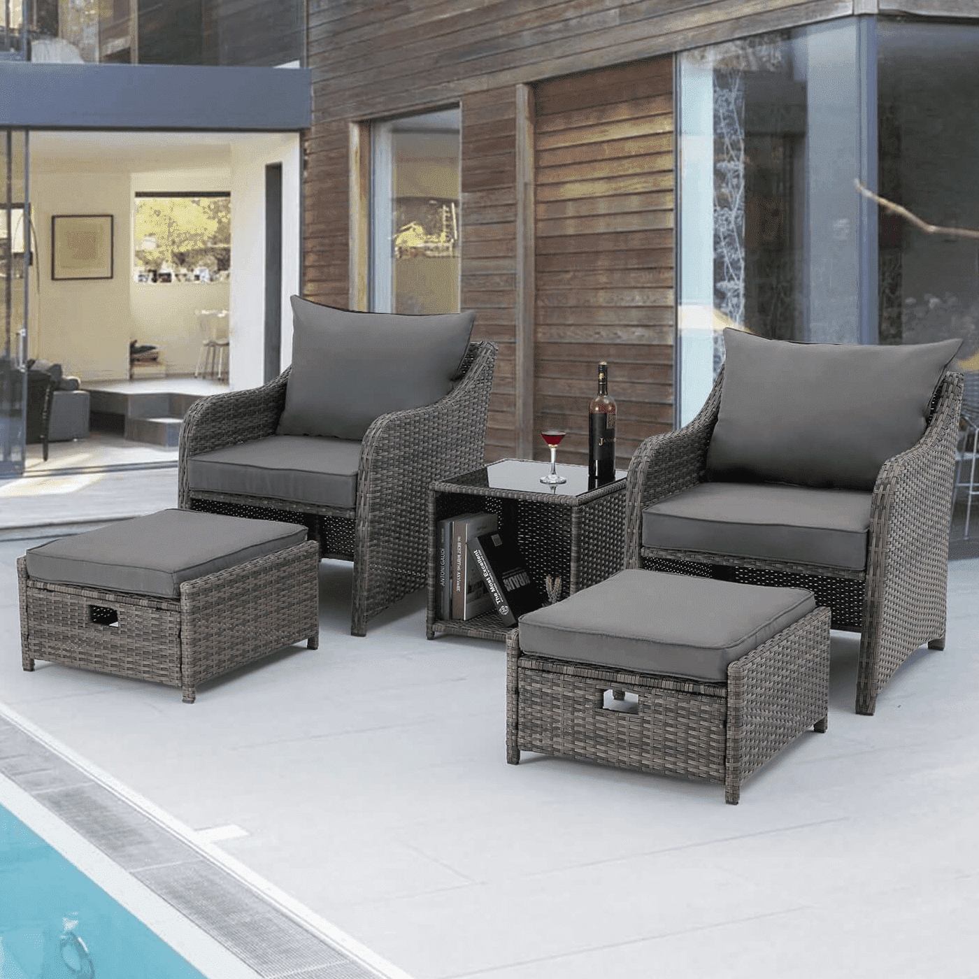 HOMREST 5 Piece Balcony Furniture, All Weather PE Wicker Rattan Patio Furniture Set, Cushioned Patio Chairs Set of 2 w/Ottoman&Table, Outdoor Lounge Chair for Lawn Pool Balcony