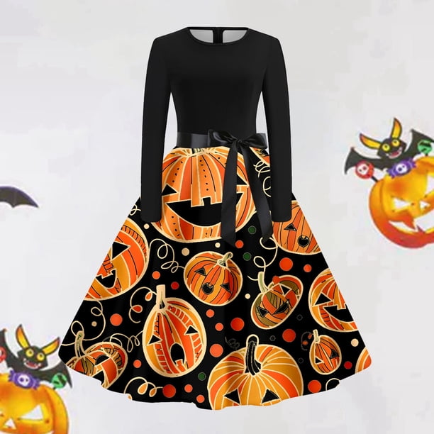 Vestidos Casuales Para Mujer, Vestido Camisero Con Estampado de Halloween | Estilo Retro de Manga Larga Para La Moda de Otoño de Mujer