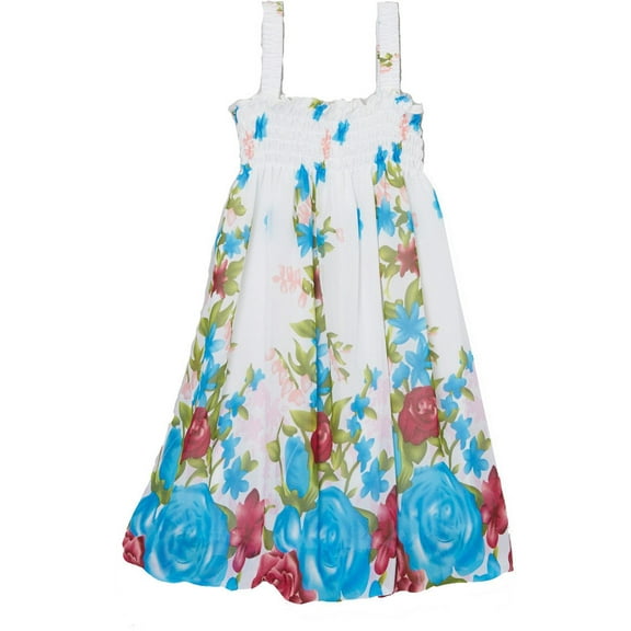 Wenchoice Girl'S White & Blue Rose Shirred Dress S(1T-2T)