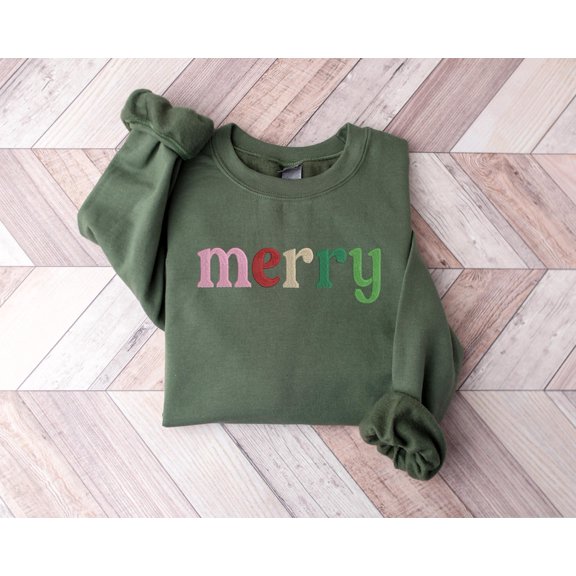 Embroidered Merry and Bright Christmas Sweatshirt, Christmas Tee, Believe in Christmas, Merry and Bright Gift Shirt