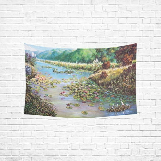 BSDHOME Original Oil Painting Wall Art Home Decor, Landscape of Lotus