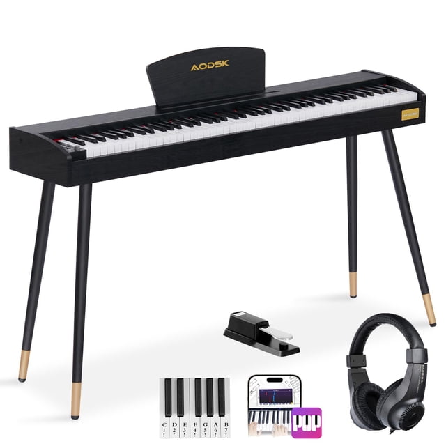 AODSK Piano digital para principiantes, teclado de 88 teclas, piano eléctrico de tamaño completo para principiantes, con atril para partituras, pedal, adaptador de corriente, modo auriculares, USB-MID