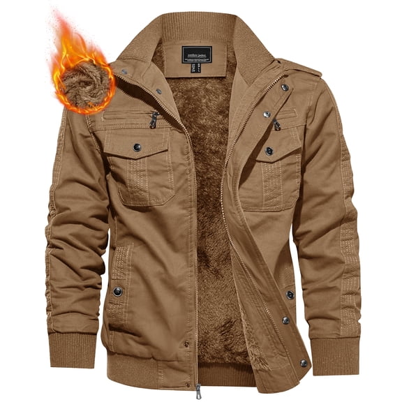 YUCOLEN Men's Winter Thick Fleece Lined Warm Jacket Casual Trucker Work Coat with Multi Pockets Zip Khaki L