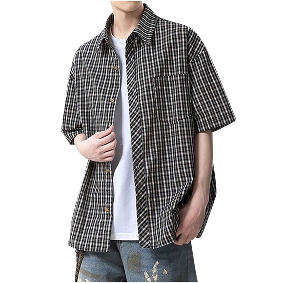 Pisexur Mens Shirts Mens Pullover Men's Casual Check Button Pocket Lapel Fashion Short Sleeved Shirt Black,2XL