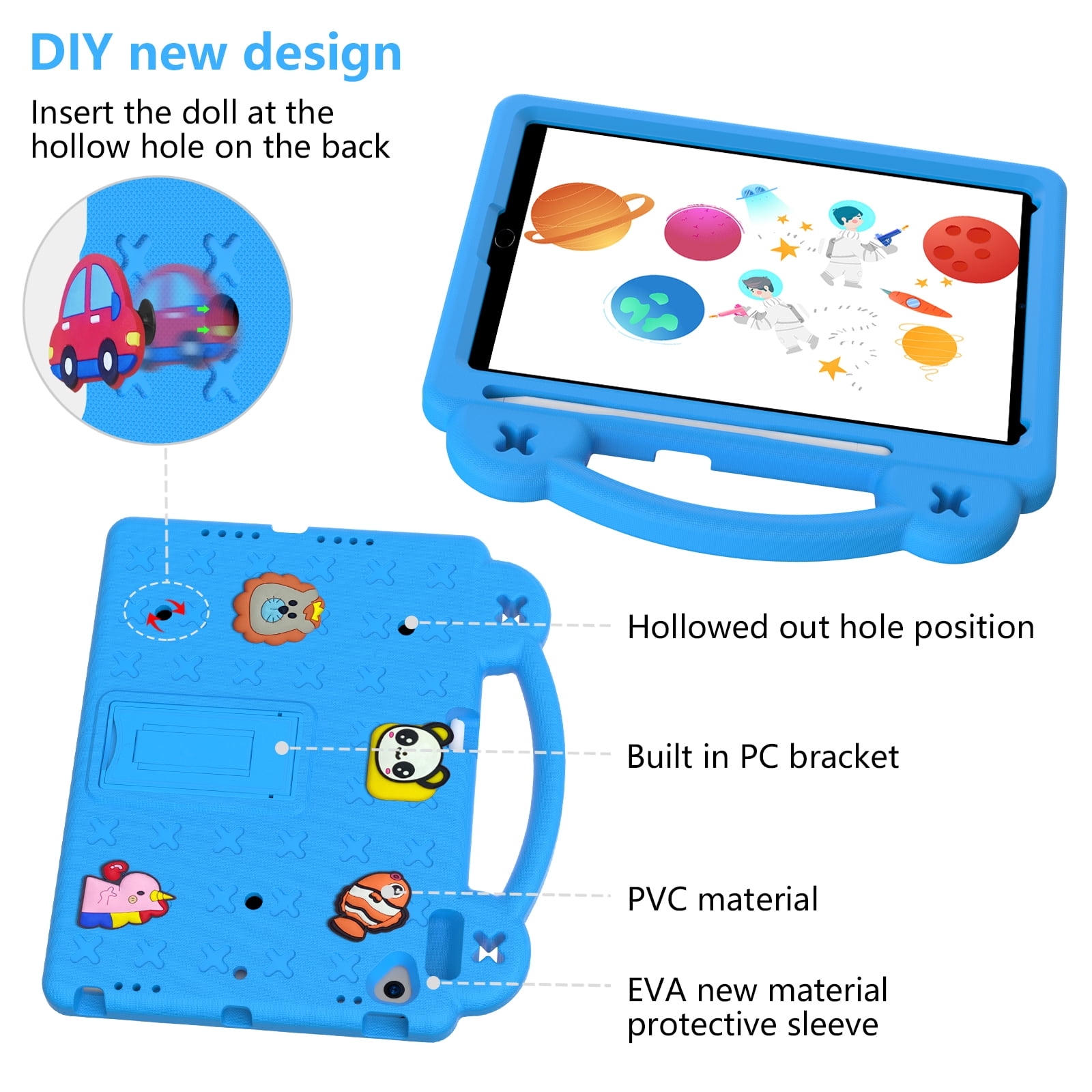 ELEHOLD Kids Case for iPad 9th/8th/7th Gen (2021/2020/2019)10.2 inch, EVA Foam Cute Cartoon Case with Built-in Kickstand Pencil Holder Shockproof Portable Case for iPad 10.2",Skyblue