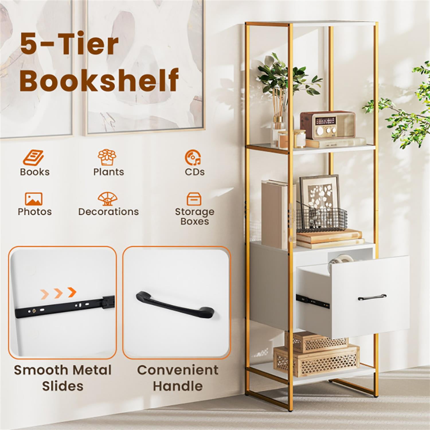 Demi Bonn Bookshelves and Organizer Open Display Storage Shelves with Storage Drawer, 5-Tier Narrow Bookcase Home Decor Furniture for Living Room, White