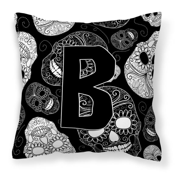 Monogram Letter Day of the Dead Skulls Black Fabric Decorative Pillow