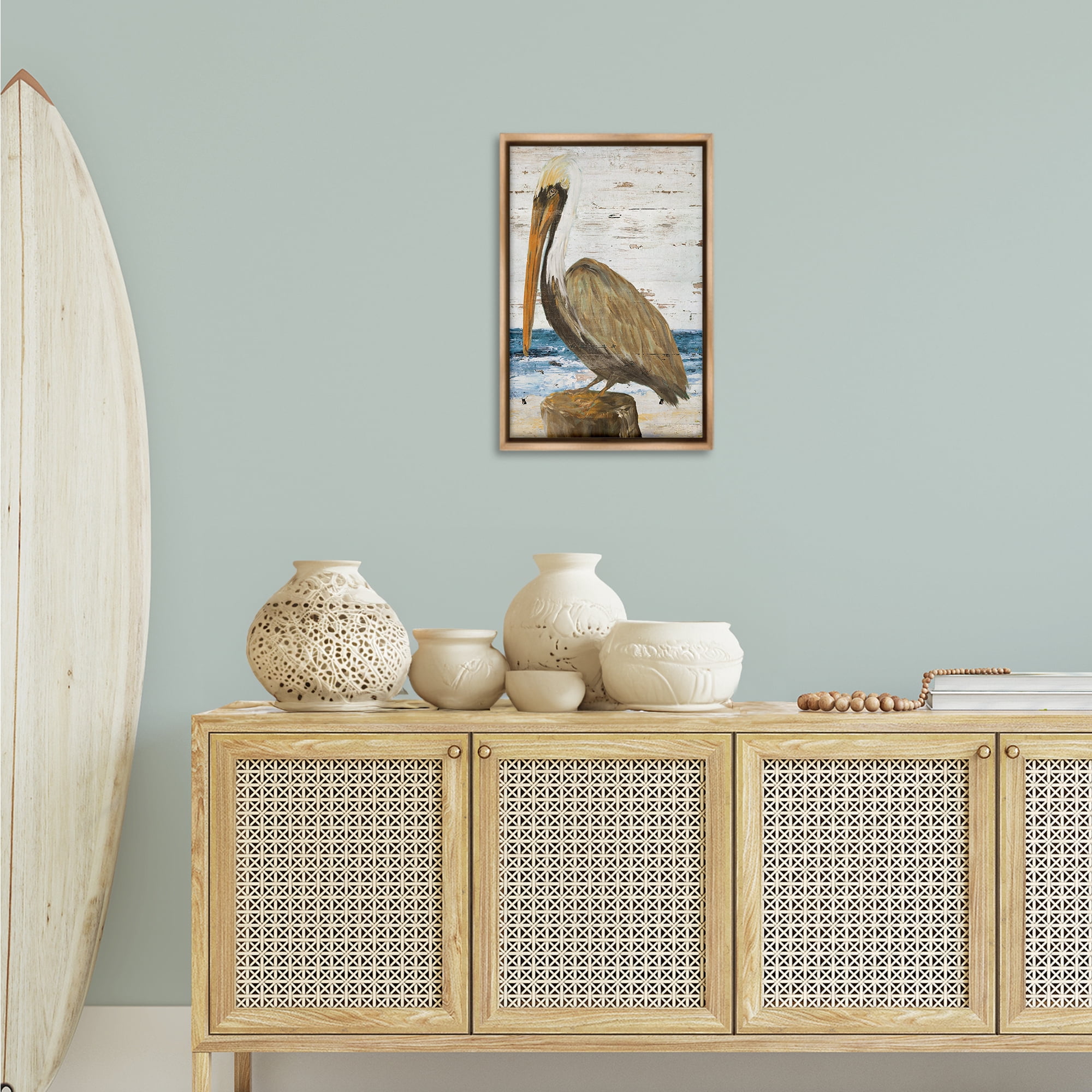 Stupell Industries Rustic Ocean Pelican Animals & Insects Painting Brown Floater Framed Canvas Art Print Wall Art, 17 x 25