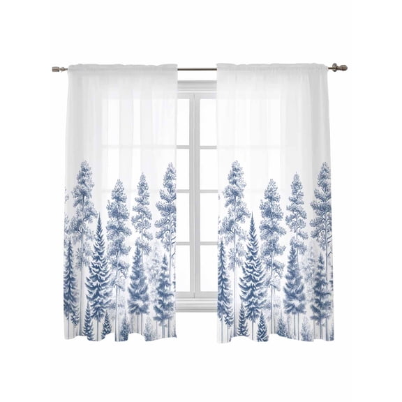 Navy Blue Pastoral Tree Curtains 63 Inch Length, Sheer Curtains for Bedroom Living Room Window Vintage Botanical Spring Rod Pocket Voile Drapes Kitchen Curtains Small Half Window 42"x63" 2 Panels