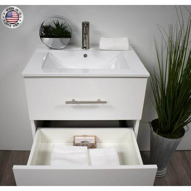 Volpa Usa Napa 30 Modern Wall Mounted Floating Bathroom Vanity With Ceramic Top And Round Handles In White Com Volpa Usa Napa 30 Modern Wall Mounted, 30 Inch Floating Vanity With Vessel Sink And Shower