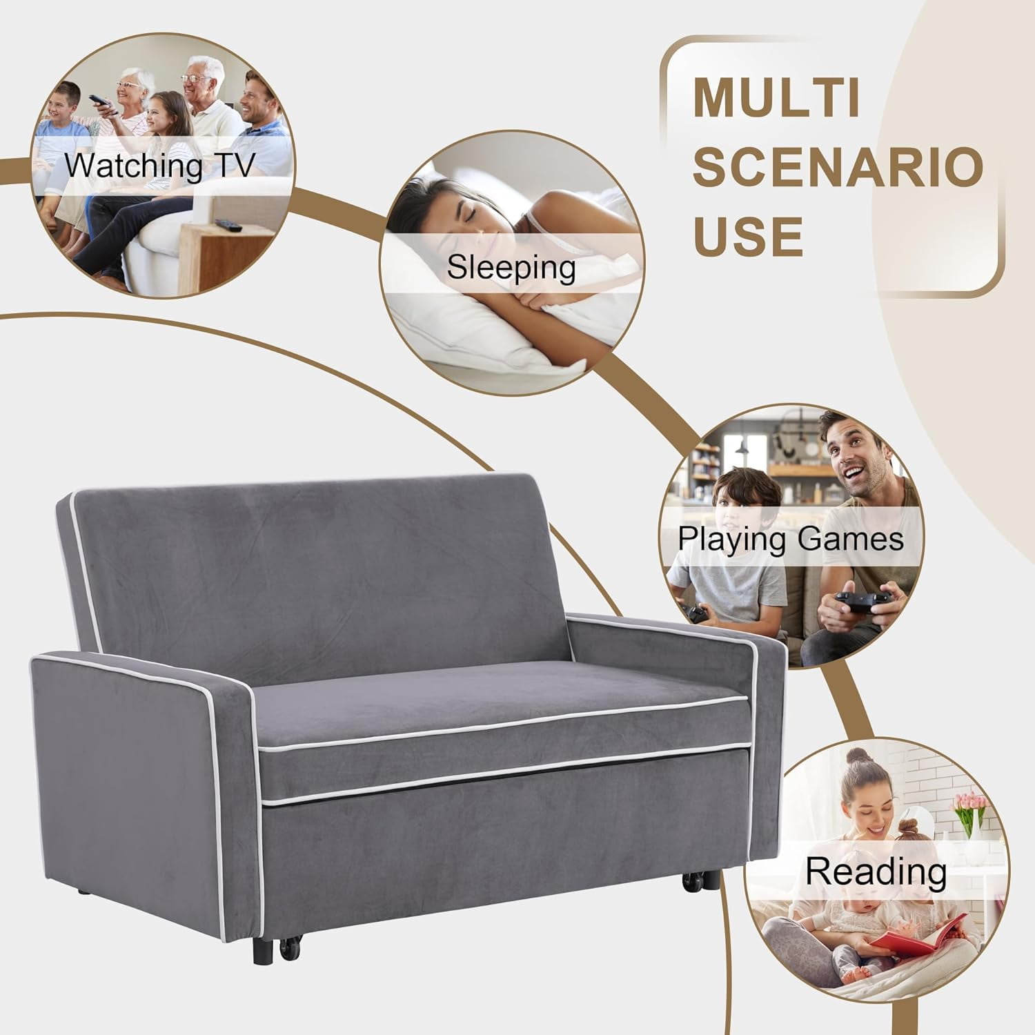 Convertible 3 in 1 Pull Out Sofa Bed Futon Sleeper Sofa Couch Velvet Small Loveseat, Reclining Backrest for Living Room, Grey