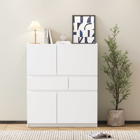 OUDOSPRS White 4-Door Storage Cabinet - Wooden Organizer with 2 Drawers for Home Use