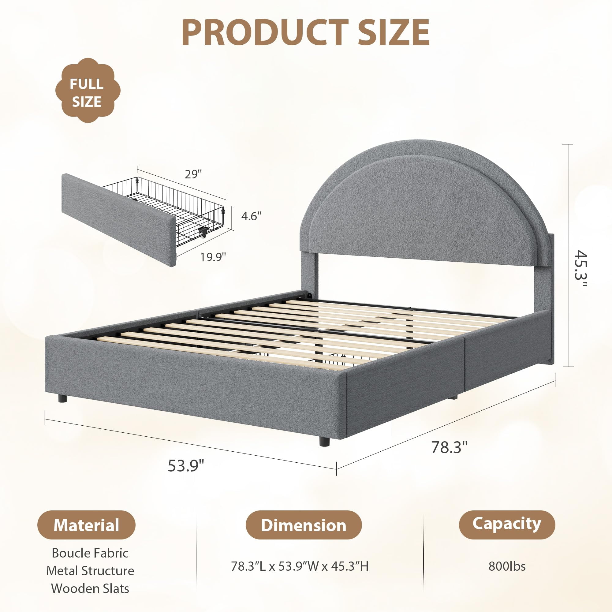 Twin/Full/ Queen Size Bed Frame with Storage Drawers, Upholstered Boucle Platform Bed with Round Headboard, Heavy Duty & Noise Free, No Box Spring Needed
