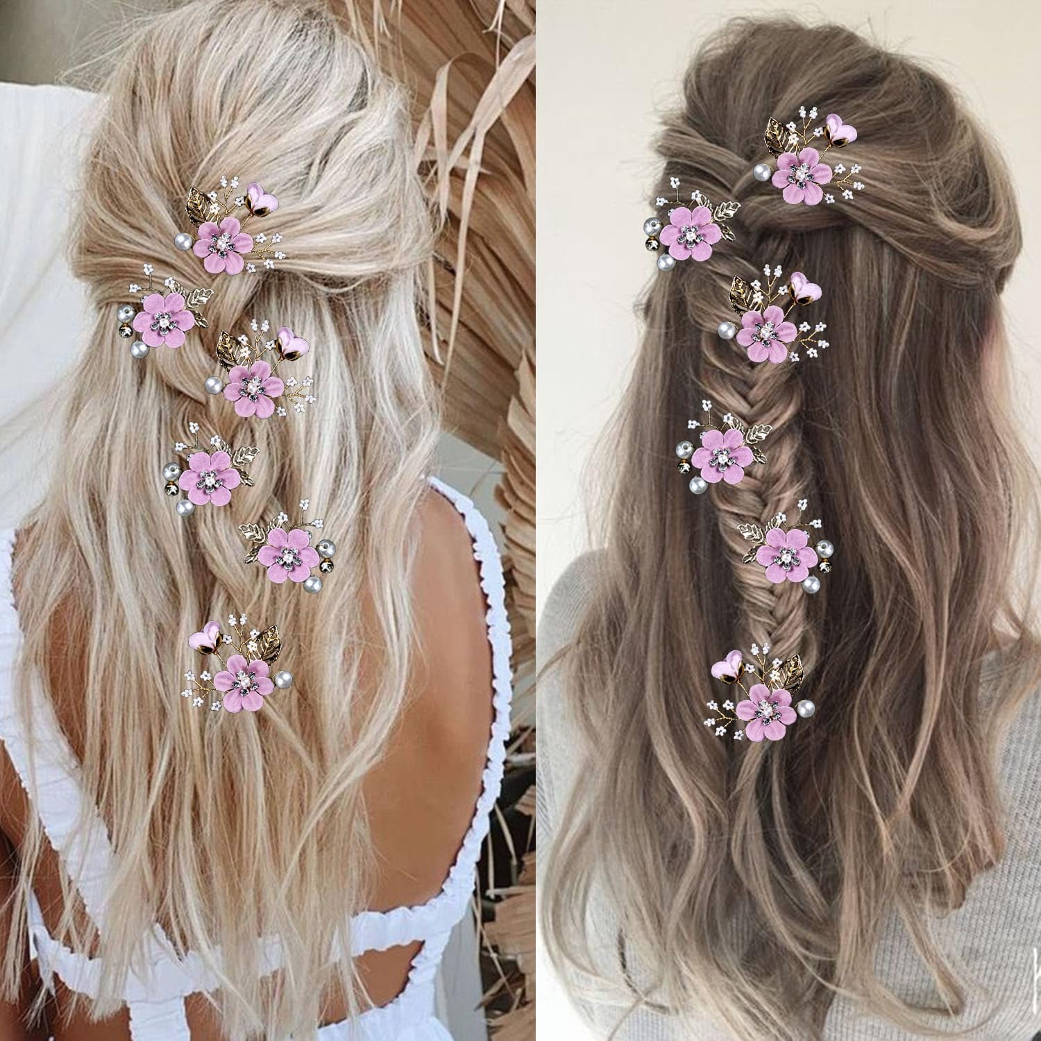 6 Pcs Bridal Flower Wedding Hair Pins Crystal Pearl Hair Pins Clips Headpiece Gold Wedding Hair Accessories Jewelry with Rhinestone for Brides Bridesmaids Women Girls Updo (Romantic Lilac Purple)