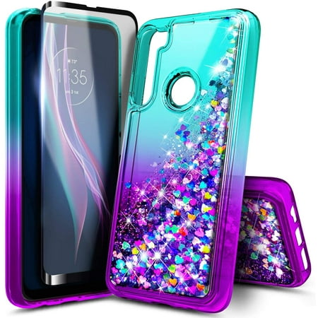 Nagebee Case for Motorola Moto One Fusion Plus with Tempered Glass Screen Protector (Full Coverage), Glitter Liquid Floating Waterfall Durable Girls Cute Phone Case Cover (Aqua/Purple)
