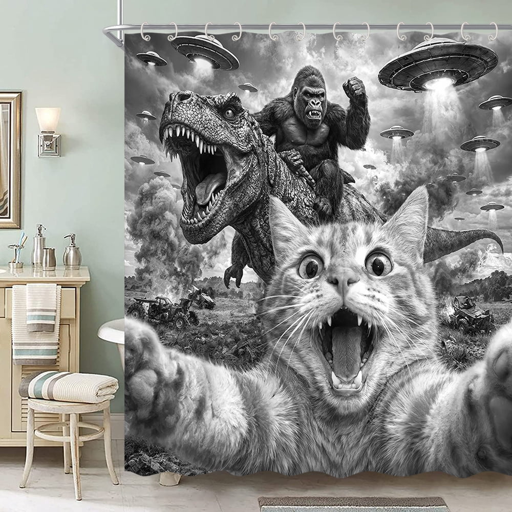 Funny Giant Cat Dinosaur Shower Curtain - Hilarious Selfie Cat UFO Bathroom Curtain Waterproof Fabric Set with 12 Hooks,72X72in