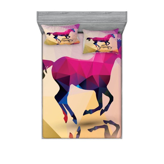 Ambesonne Abstract Fitted Sheet & Pillow Sham Set, Geometric Horse Animal, Queen, Cream Pink Purple
