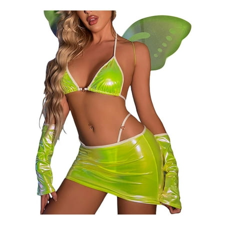 

Women s Cosplay Lingerie Halloween Costume Kit Halter String Bikini Sets + Mini Skirt + Gloves + Butterfly Wings