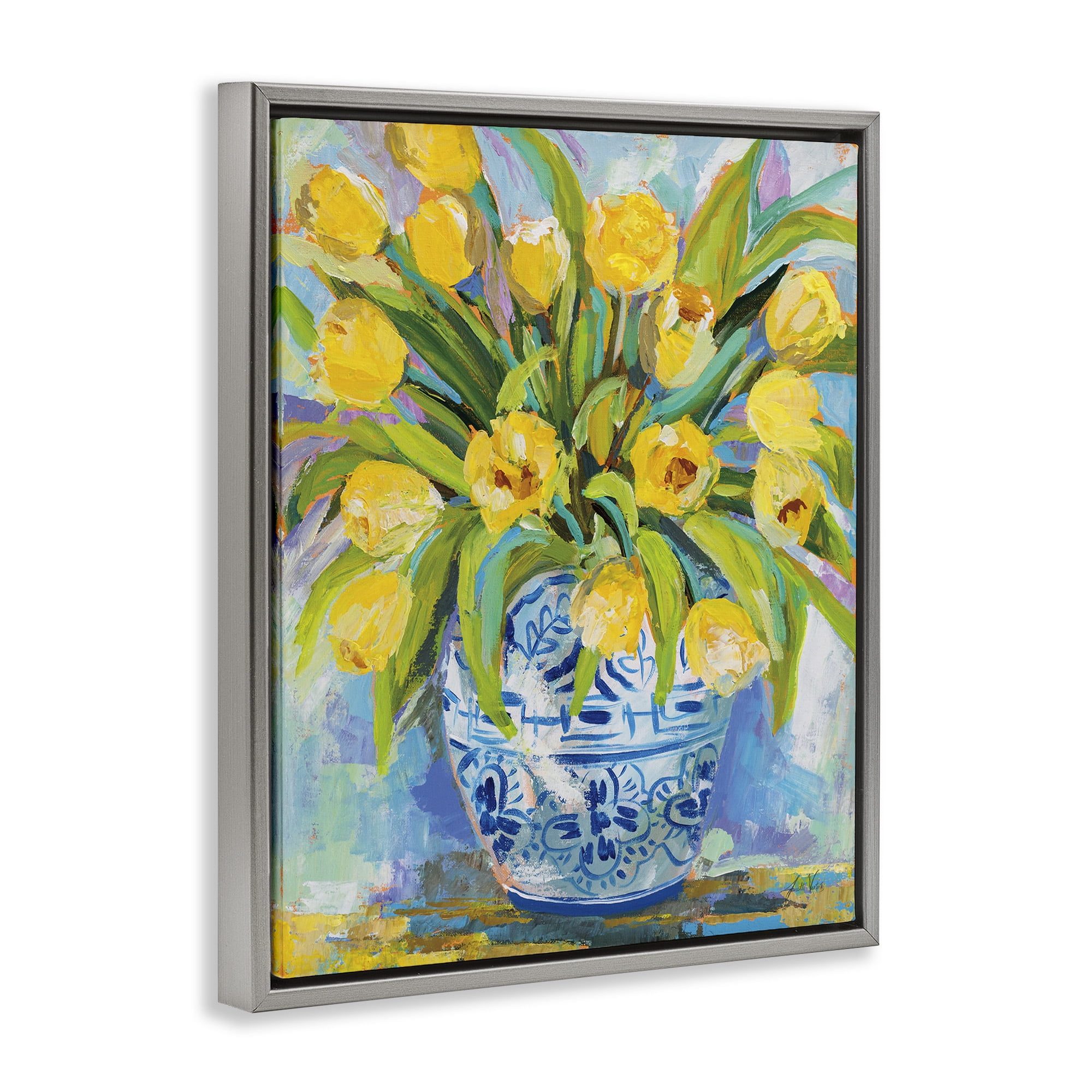 Stupell Industries Expressive Yellow Tulips in Vase Botanical & Floral Painting Gray Floater Framed Canvas Art Print Wall Art, 17 x 21