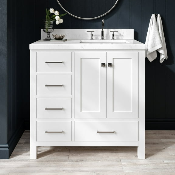 ARIEL Cambridge 36 Inch White Bathroom Vanity with Sink, Solid Wood, Carrara White Quartz Countertop, 1.5-Inch Edge, Right Rectangular Undermount Sink, 2 Soft Closing Doors, 5 Drawers