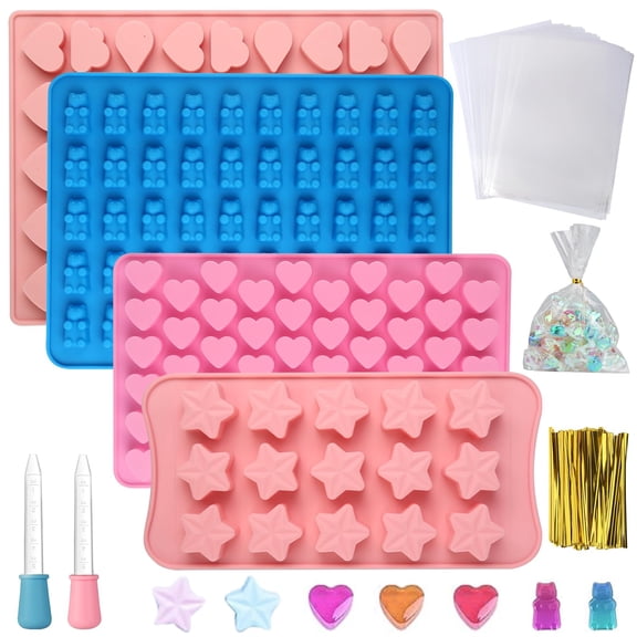 YanJici Silicone Molds for Gummy Candy Making, Including 4 Gummy Molds, 2 Droppers, 50 Clear Bags and 50 Gold Twist Ties, for Chocolate, Jelly