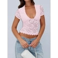 thumbnail image 4 of Women'S Lace Short Sleeve Shirt Low Cut Y2K Slim Fit Top Going Out Club Concert Clothes Pink S, 4 of 5