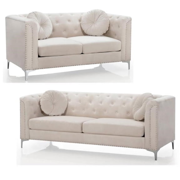 Home Square 2-Piece Set with Velvet Sofa and Loveseat in Ivory