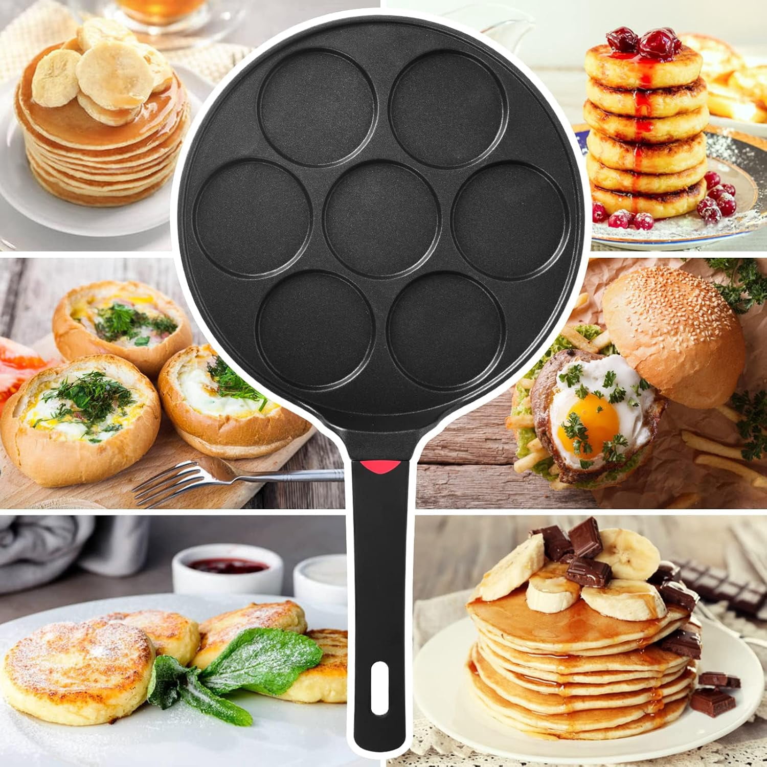 10.5 Inch Nonstick Pancake Pan Maker with 7 Molds, Mini Grill for Breakfast, Crepes, Blini, Oven & Dishwasher Safe