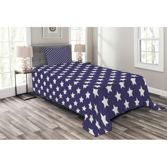 Ambesonne American Quilted Bedspread Set 2 Pcs, Flag with Stars, Twin Size, Purple White