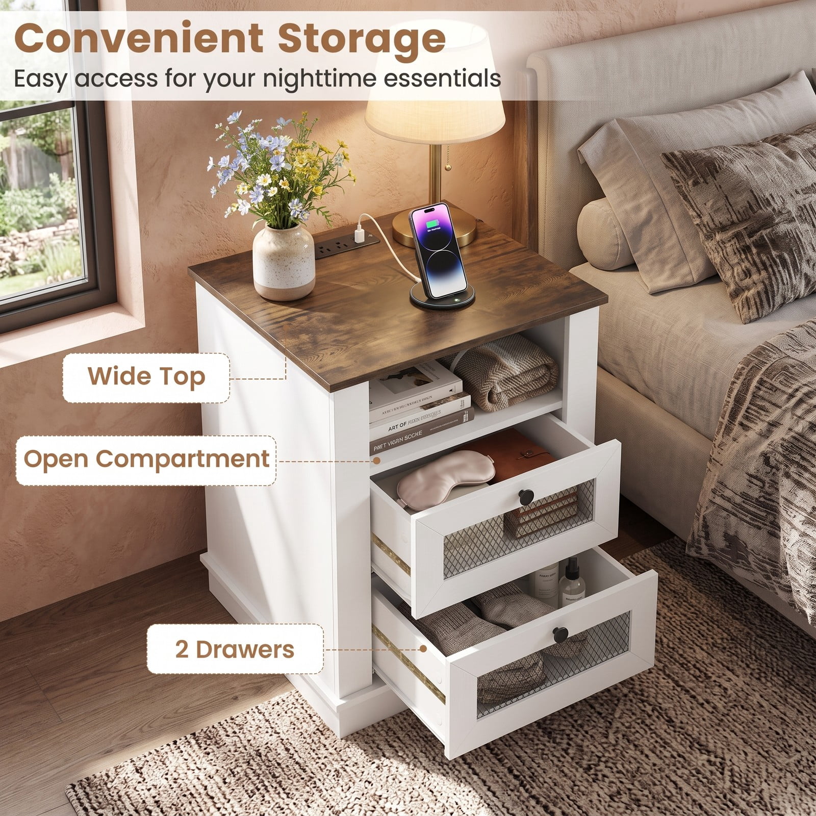 Furnibear Industrial Nightstand with Charging Station and 2 Drawers, Bedside Table with Metal Mesh Fronts and Open Compartment, Rustic Brown
