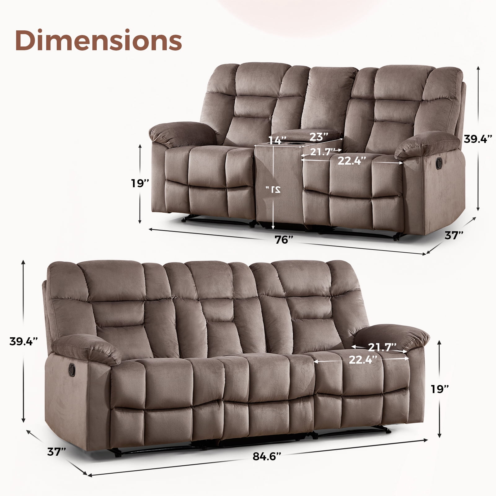 Bonzy Home Recliner Sofa Set — Reclining Loveseat & 3-Seat Sofa with Center Storage, Cup Holders & Wide Backrests, Brown