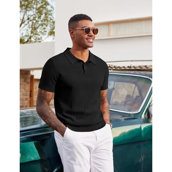 COOFANDY Mens Golf Polo Shirts Short Sleeve Textured Polo Shirts Slim Fit Button Polo T-Shirt Classic Summer Collared Golf Shirt