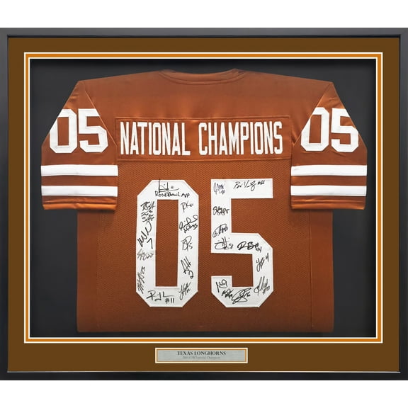 2005 National Champions Texas Longhorns Autographed Framed Orange Jersey With 24 Signatures Including Vince Young Beckett BAS QR 252809