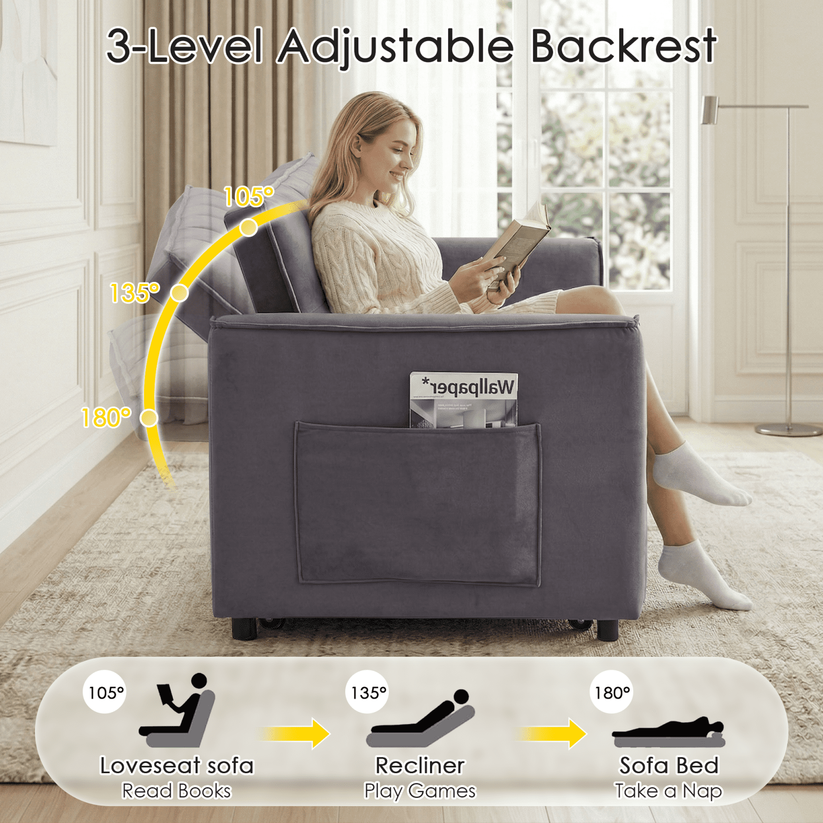 Amuille 3 in 1 Convertible Sleeper Sofa Bed, 54" Velvet Fabric Loveseat, Pull Out Couch for Living Room and Apartment (Dark Gray)