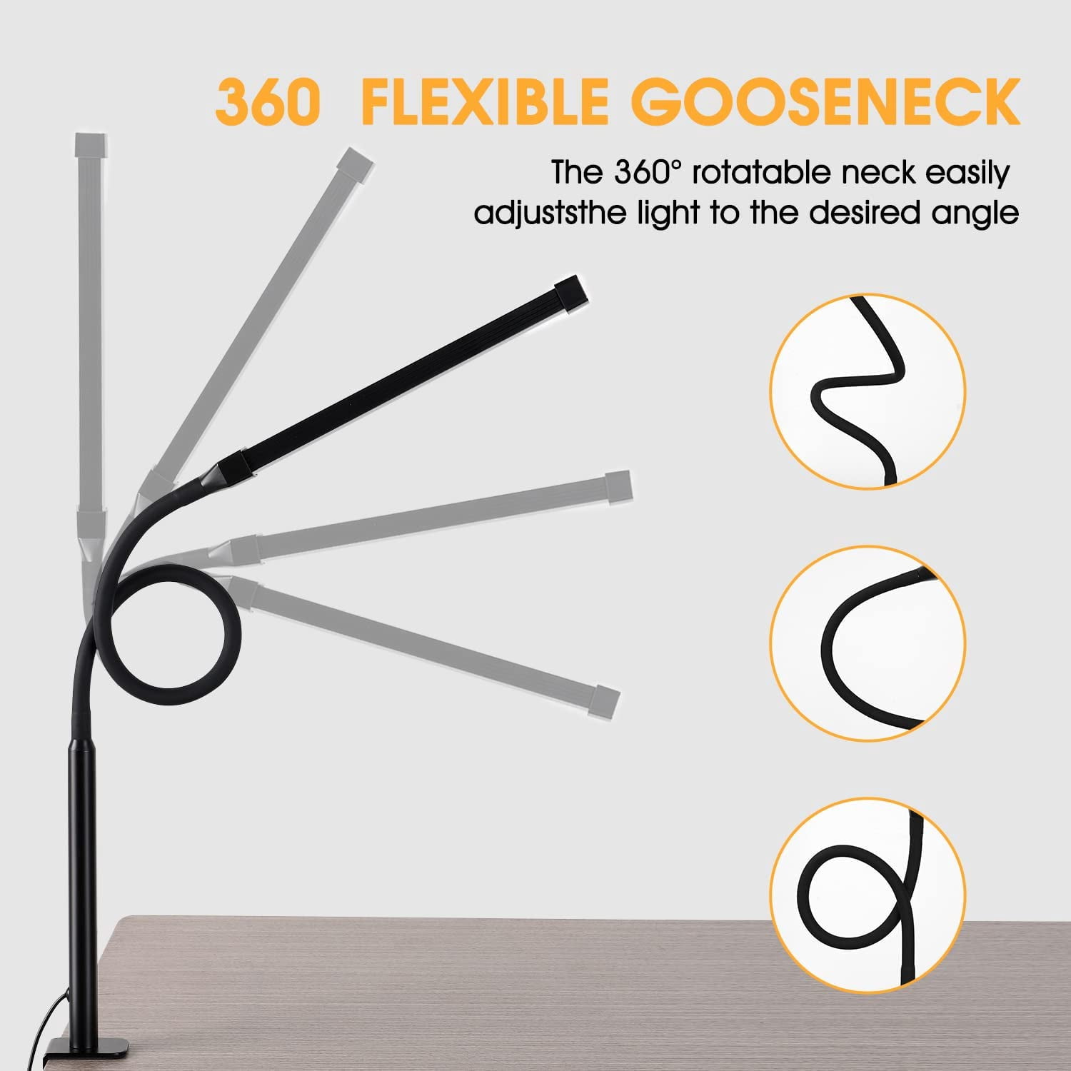 Senya LED Desk lamp with Clamp, Eye-caring Clip on Lights for Home Office, 3 Modes 10 Brightness, Long Flexible Gooseneck,Metal, Swing Arm Architect Task Table Lamps with USB Adapter, Black
