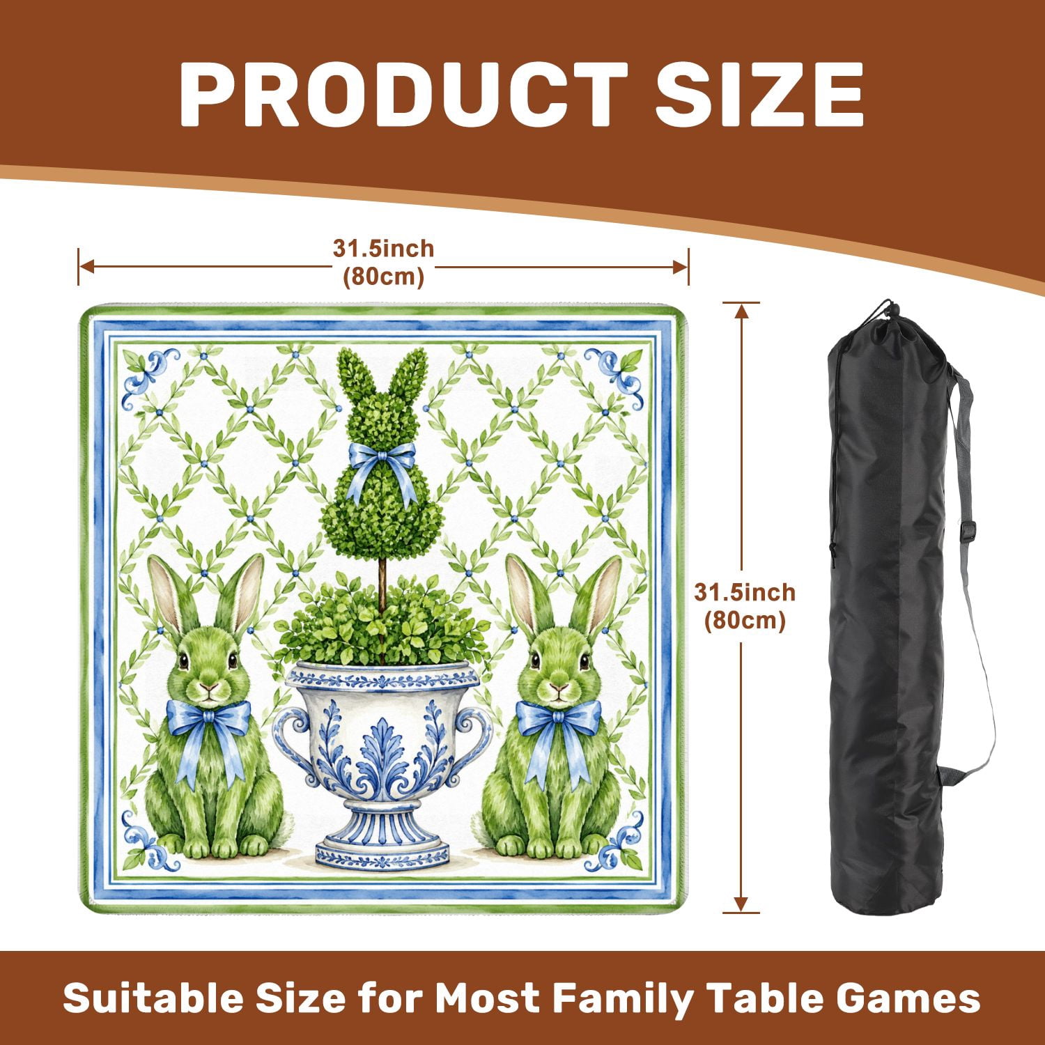 Mahjong Mat 31.5" x 31.5" Watercolor Green Bunny Topiary Garden Blue Bows Classic Urn Leaf Non-Slip Noise Reduction Chic Portable Gaming Table Cover for Family Game Night & Gift