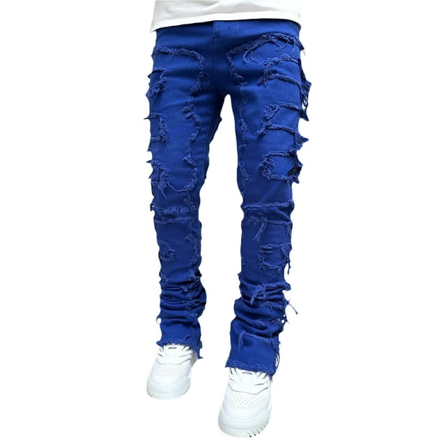 Gupgi Men Stacked Jeans Ripped Jeans Slim Fit Patch Destroyed Denim Pants Streetwear Trousers