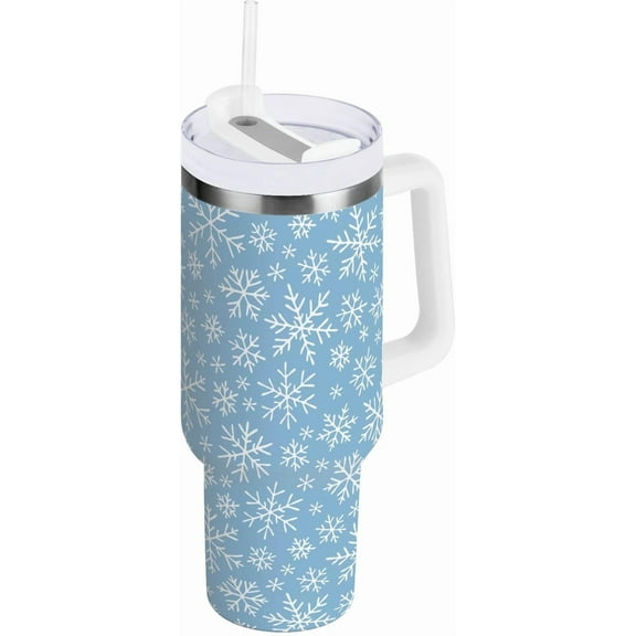 30 oz Tumbler with Lid and Straw Christmas Snowflakes Blue Water Bottle Insulated Cup with Handle, Stainless Steel Water Cup Fits in Car Cup Holder