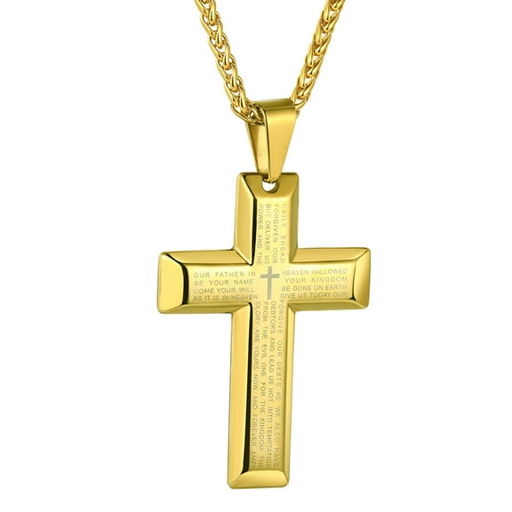 FindChic Gold Cross Necklaces for Men Stainless Steel Lord's Prayer Pendant Necklace Boyfriend Husband Religious Valentine's Day Gift Packaged