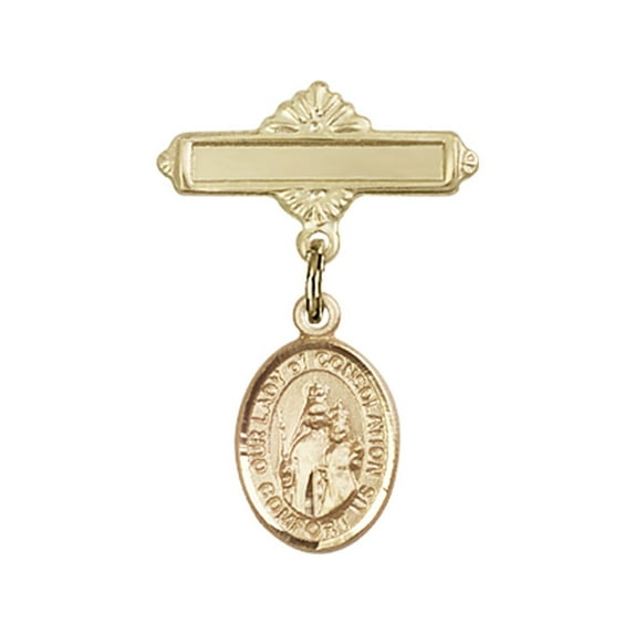 14kt Yellow Gold Baby Badge with Our Lady of Consolation Charm and Polished Badge Pin 1 X 5/8 inches