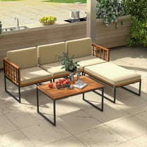 Costway 5 PCS Patio Furniture Wood Sectional Set with Seat & Back Cushions, Black, Natural, Beige