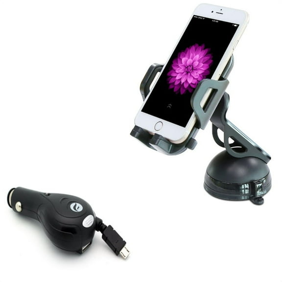 Windshield Dash Car Mount w 3.1A Retractable Charger for Alcatel REVVL, Dawn, Jitterbug Smart 2, 1x Evolve - ASUS ZenFone Max Plus M1 5Q 3 Max - BLU S1, Vivo XL4 XI, Studio X8 HD, Pure View